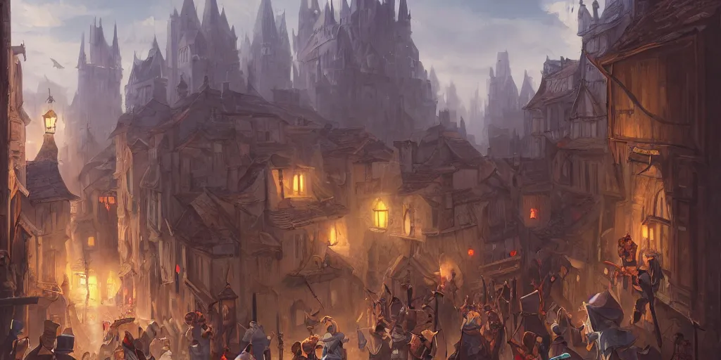 Image similar to an exciting fantasy street battle within a fascinating old city, narrow streets, old buildings, by Sylvain Sarrailh, cinematic, simple but effective composition, clean lines, beautiful digital painting, oil painting, great character design, dungeons and dragons, lord of the rings, close up character, fantasy races