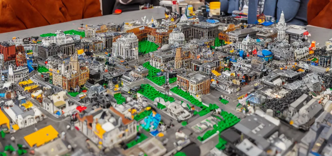 Image similar to detailed lego build of dublin city center on basement table, professional photo, professional lighting, HDR