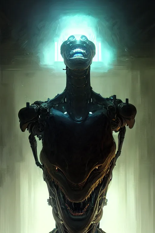 Image similar to professional concept art portrait of a ominous floating robotic terrifying!! species thing in a dark room by artgerm and greg rutkowski. an intricate, elegant, highly detailed digital painting, concept art, smooth, sharp focus, illustration, in the style of cam sykes.