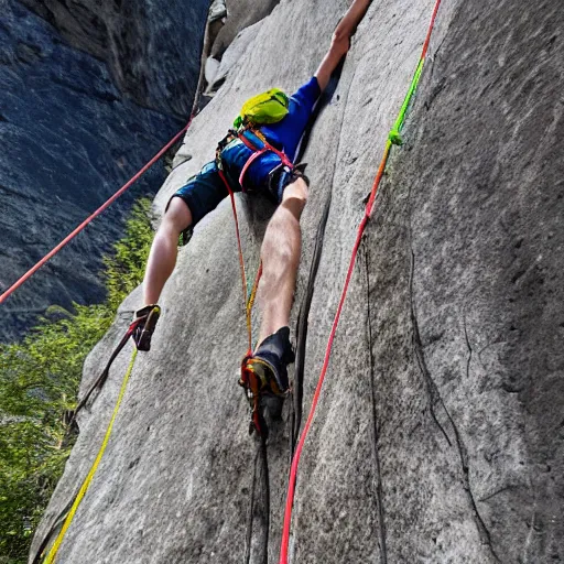Image similar to rock climbing a multi pitch route, hyper realistic photo made by the lead climber, happy climbers enjoying a nice sunny day in a good mood