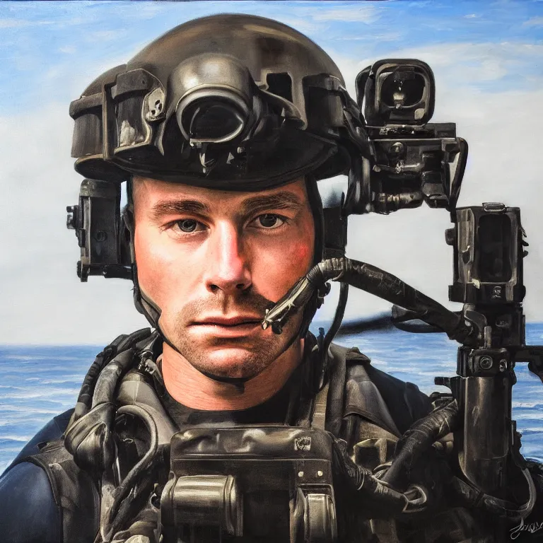 Image similar to portrait of a us navy seal, majestic, on aircraft carrier, fine art portrait painting, strong light, fashion, clair obscur, by caravaggio