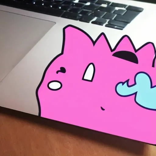 Image similar to a pink cat using a laptop full of twitter stickers