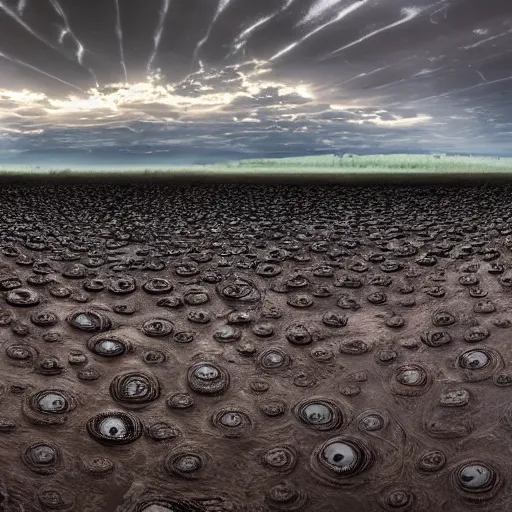 Image similar to a thousand creepy eyeballs peeking through a sea of mud, epic landscape, bright light, cinematic, 4 k, 8 k