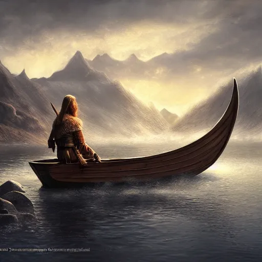 Prompt: viking in boat landscape photprealism ultradetailed digital art, irina french, heraldo ortega, mandy jurgens, golden ratio, art canvas, award winning, masterpiece trending on artstation 8 k 1 5 0 mpx