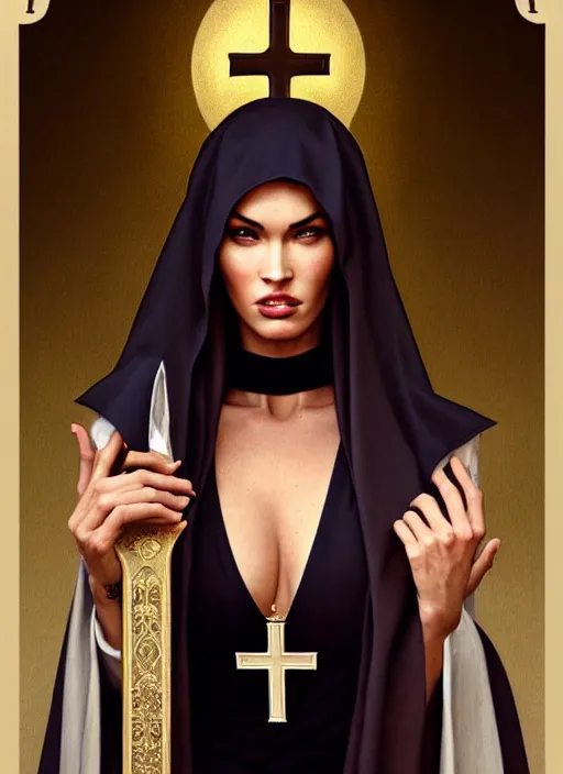 Prompt: portrait of megan fox as a sexy and sultry nun, catholic, church, bible, christian, intricate, headshot, highly detailed, digital painting, artstation, concept art, sharp focus, cinematic lighting, illustration, art by artgerm and greg rutkowski, alphonse mucha, cgsociety