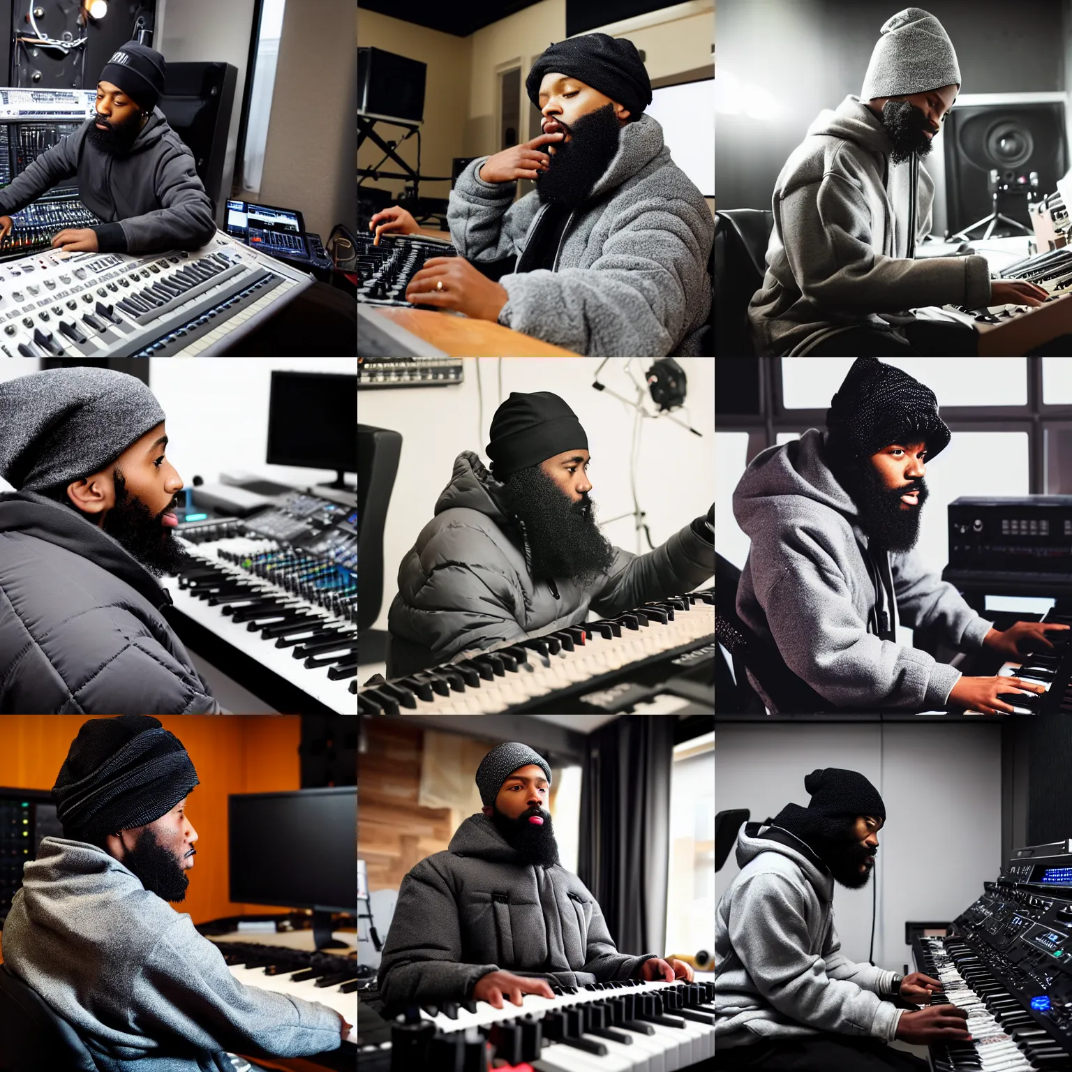Prompt: a young black urban male with a full beard, wearing a gray du rag and a black winter puffer down coat, playing an mpc while sitting in a chair in a music studio, epic composition, cinematic lighting, by liquidcoco 李 奎 德, award - winning, masterpiece,