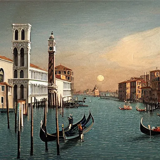 Image similar to Venice in 2075, futuristic, matte painting by Giorgio de Chirico and David A. Hardy