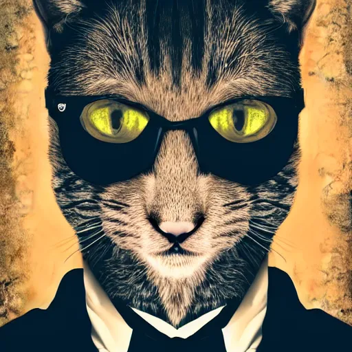 Prompt: darksynth portrait anthropomorphic cat, wearing black business suit, post apocalyptic cinematic photorealistic background, still