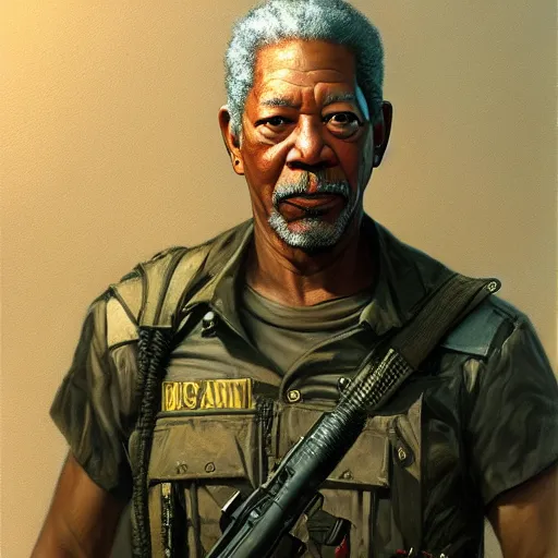 Prompt: Morgan Freeman as a soldier, closeup character art by Donato Giancola, Craig Mullins, digital art, trending on artstation