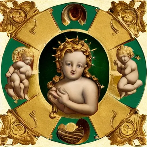 Image similar to Saint Woman, Putti, Venus, Athena, Sistina, baroque, marble and gold, stars, space, sun, deep green, bronze