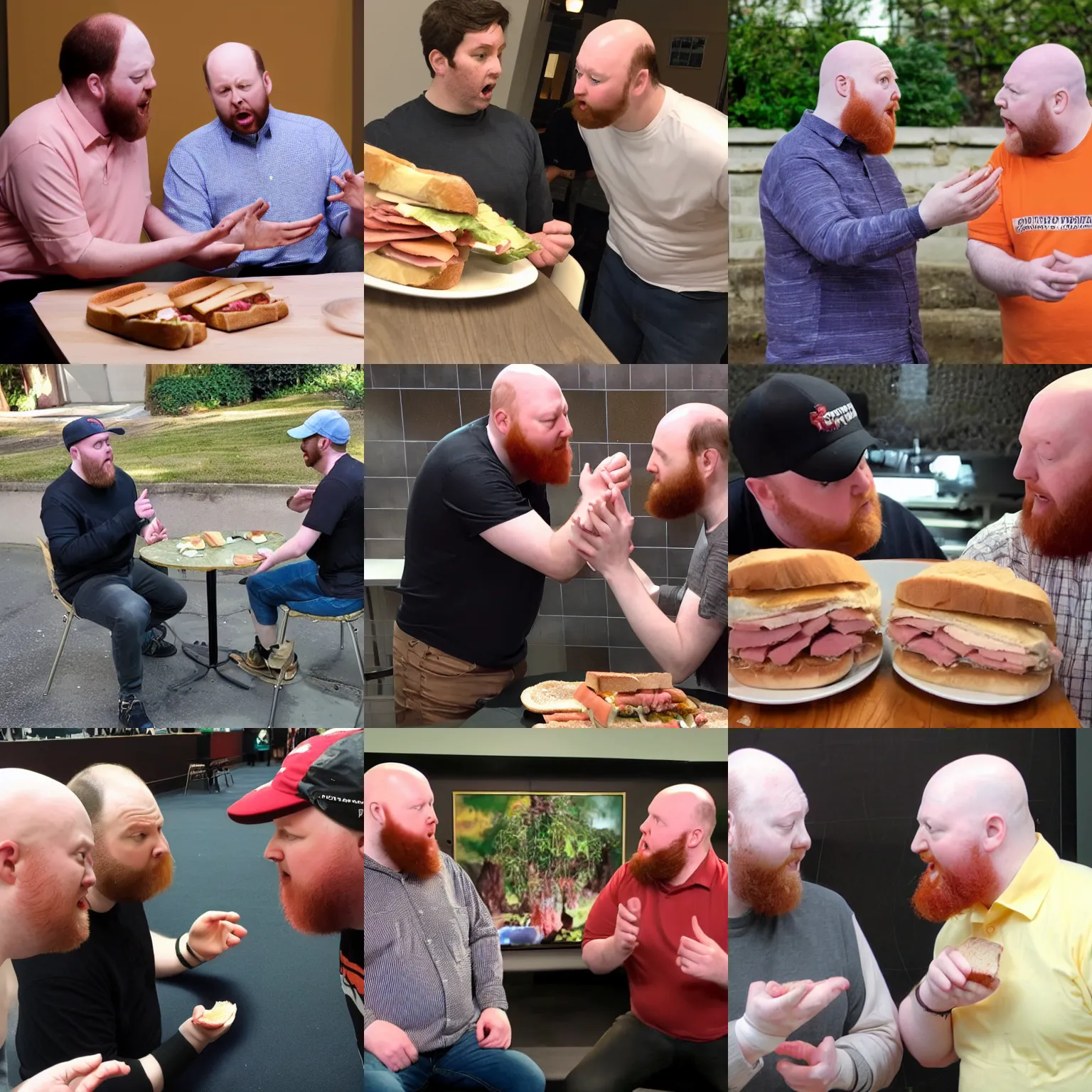 Prompt: photo of angriestpat and peachsaliva arguing about an open faced ham sandwhich