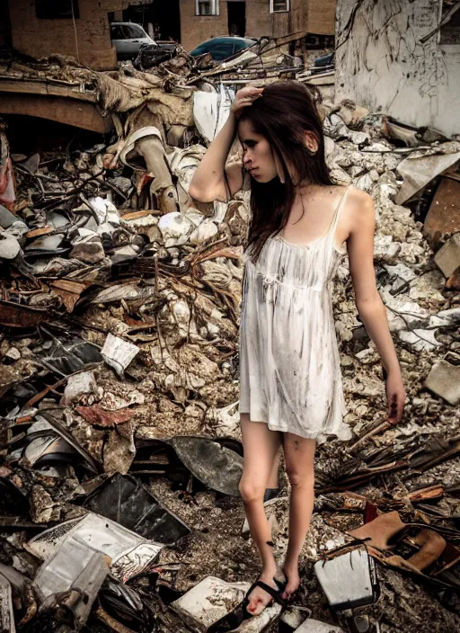 Prompt: award winning photograph miof a dressed young woman amongst rubble, sad face, dirt, dreamlike, low contrast, beatiful composition, 4k