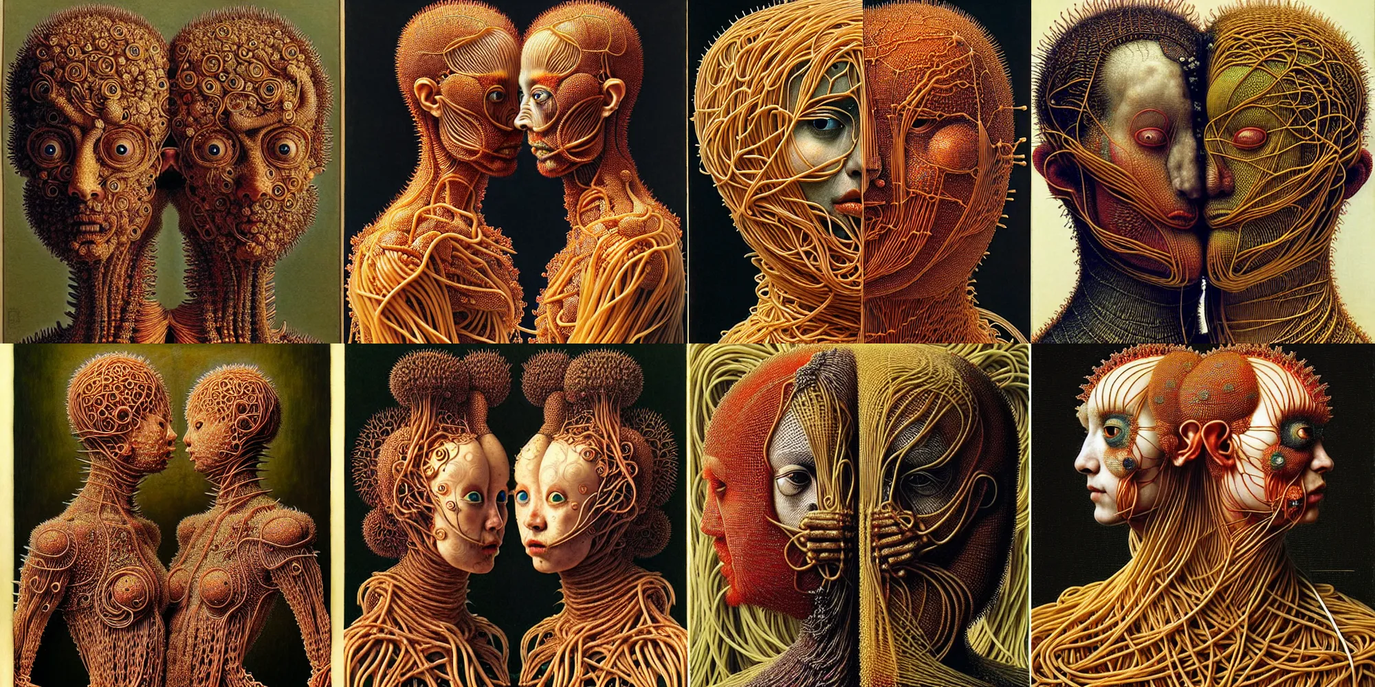 Prompt: body and face, siamese twins made of spaghetti, intricate armor made of fractals of spagetthi, highly detailed, by giuseppe arcimboldo and ambrosius benson, renaissance, a touch of beksinski and takato yamamoto, realistic