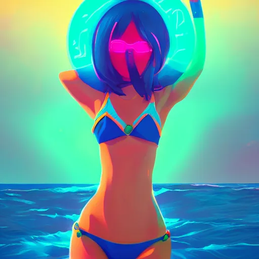 Image similar to neon bikini woman in the ocean | hyperrealistic digital painting by makoto shinkai, ilya kuvshinov, lois van baarle, rossdraws | afrofuturism in the style of hearthstone and overwatch, trending on artstation