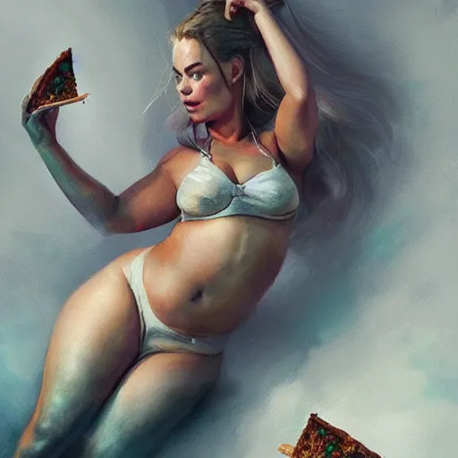 Image similar to a very fat margot robbie sitting in a messy room and burping because she ate too much pizza and junk food, green gas coming from her mouth, fantasy art, illustration, amazing detail, in the style of greg rutkowski, artgerm, cgsociety