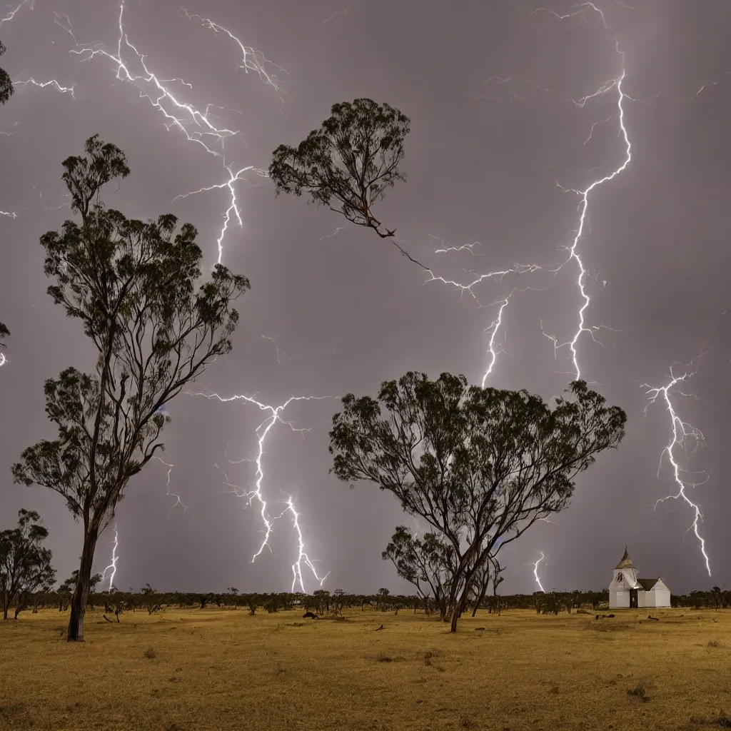 Prompt: massive australian thunderstorm with lightning around a small white wooden church in the outback. a multitude of shadowy creatures are approaching the church. 4 k