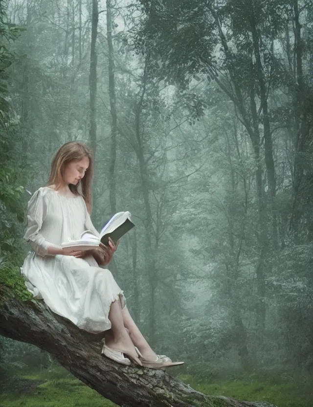 Prompt: Girl in white reading a book sitting on a tree in a foggy forest, Cinematic focus, Polaroid photo, vintage, neutral colors, soft lights, by Steve Hanks, by Serov Valentin, by lisa yuskavage, by Andrei Tarkovsky 8k render, detailed, oil on canvas