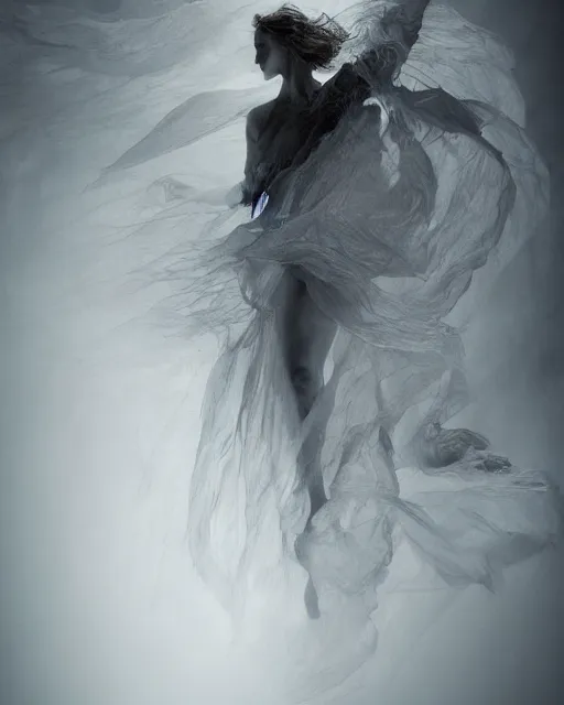 Image similar to professional concept art ethereal ghostlike valkyrie figure fluid simulation in houdini dancing in dark smoke robes and silk veils by ilm, paolo roversi, nick knight, amy judd, beautiful simplified form in turbulent movement, dark studio background, turner, romantic, trending on artstation, hyperrealism, matte painting, dutch golden age, fine detail, cgsociety