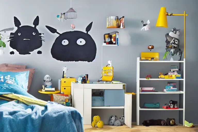 Image similar to IKEA catalogue photo of a children's bedroom with Totoro, Studio Ghibli, Soot sprites, Hayao miyazaki