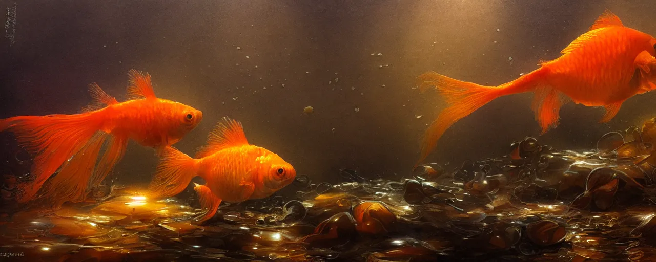 Prompt: a goldfish swims in a crystal glass on a wooden floor, close up view, dramatic lighting, DOF, soft, sharp focus, art nouveau, intricate artwork by Raymond Swanland and Greg Rutkowski