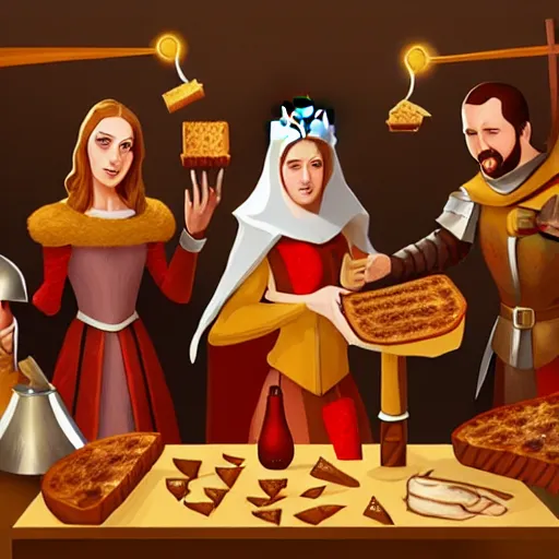 Image similar to medieval toast with king, queen and guests, artstation, fantasy