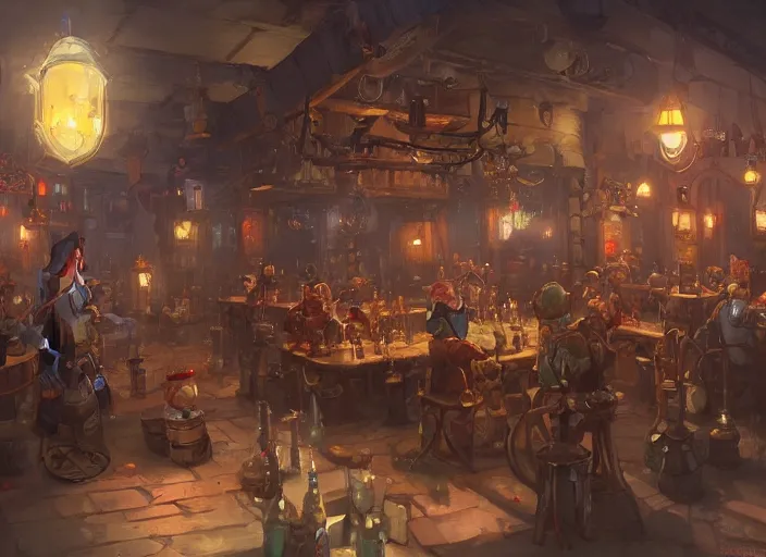 Prompt: A cheerful gnomish steampunk tavern, by Greg Rutkowski and James Gurney, trending on Artstation