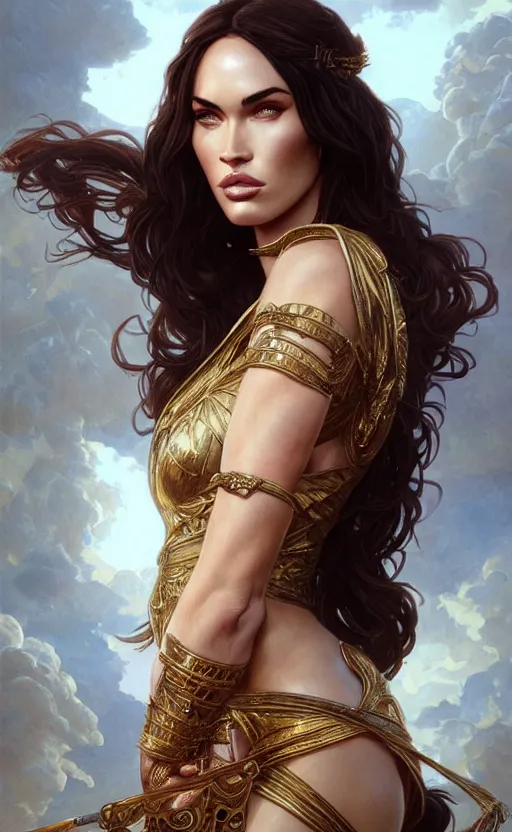 Image similar to portrait of megan fox as the goddess circe, greek mythology, intricate, headshot, highly detailed, digital painting, artstation, concept art, sharp focus, cinematic lighting, illustration, art by artgerm and greg rutkowski, alphonse mucha, cgsociety