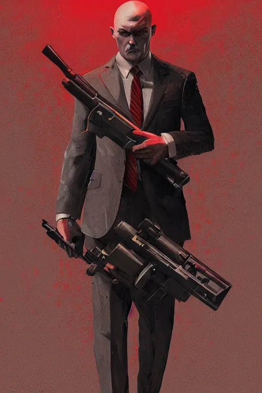 Prompt: an intricate and expressive portrait of agent 4 7 from hitman choosing a weapon from a wall full of guns, dark background, red rim light, highly detailed, digital art, artstation, concept art by giger stalenhag