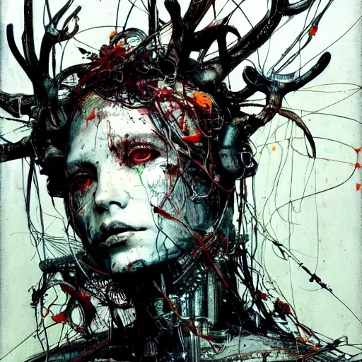 Image similar to tecno pagan god, wires antlers cybernetic implants, machine noir grimcore, in the style of adrian ghenie esao andrews jenny saville surrealism dark art by james jean takato yamamoto and by ashley wood