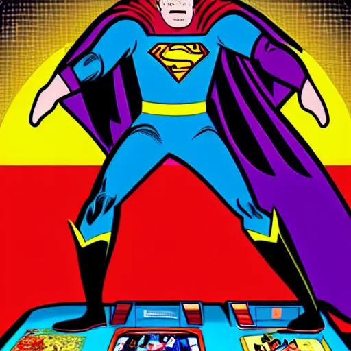 Image similar to a comic book super hero who is just really good at pinball and throws pinball machines he has a long cape his left hand is missing and instead is a launcher from a pinball machine, 4k, highly detailed, heroic pose, graphic novel, bright colors, dark lines