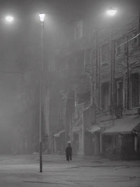 Prompt: film still of russian suburbs, lights are on in the windows, deep night, post - soviet courtyard, cozy atmosphere, light fog, street lamps with orange light, several birches nearby, several elderly people stand at the entrance to the building