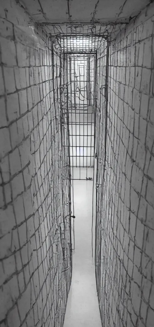 Prompt: a white claustrophobic prison cell,