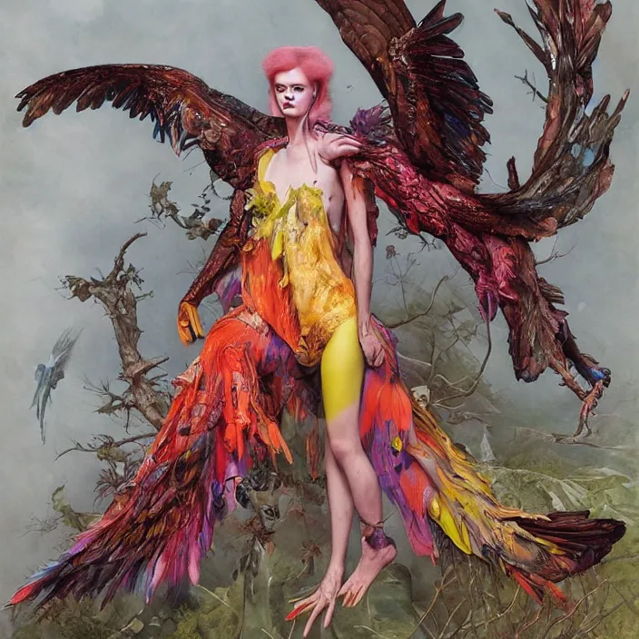 Image similar to a fashion editorial of sadie sinkas a brightly colored eagle amphibian hybrid with wet translucent mutated skin. wearing a mutated organic dress. by tom bagshaw, donato giancola, hans holbein, walton ford, gaston bussiere, peter mohrbacher, brian froud and iris van herpen. 8 k, cgsociety