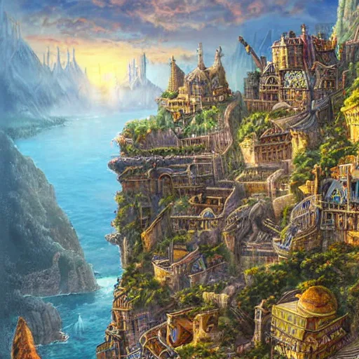 Prompt: steep cliffside medeival fantasy city, painting, intricate and detailed, hight quality