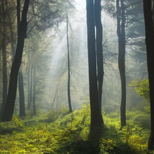 Prompt: misty forest scene, the sun shining through the trees