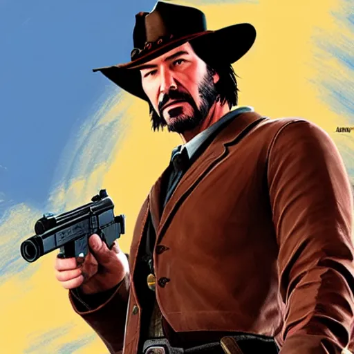 Image similar to Keanu Reeves as a Red Dead Redemption 2 character, dressed as a Western sheriff, game box art