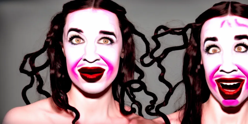 Image similar to old distorted camcorder video of miranda sings as medusa, multiple poses, 6 4 0 x 4 8 0 low resolution video