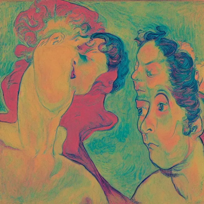 Prompt: close portrait of woman and man kissing. icy mountains far away. aurora borealis. iridescent, vivid psychedelic colors. painting by munch, agnes pelton, egon schiele, henri de toulouse - lautrec, utamaro, monet