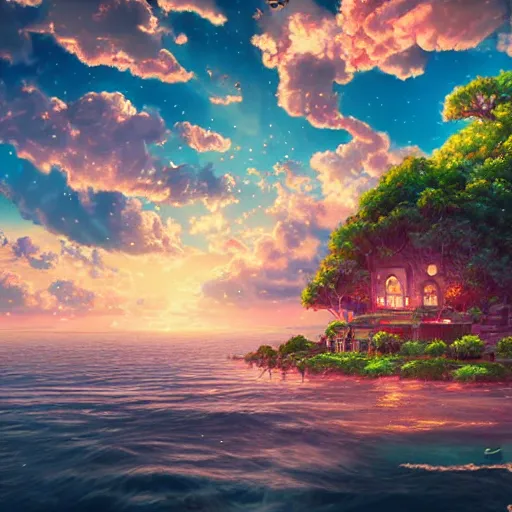 Image similar to the aesthetic view of the beautiful, grand, wistful, dreamy lonely island at dusk, hyperrealistic anime illustration by iralki nadar, colorful, extremely detailed, intricate linework, super sharp focus, bright colors, octopath traveler, studio ghibli, unreal engine 5 highly rendered, global illumination, radiant light, detailed and intricate environment