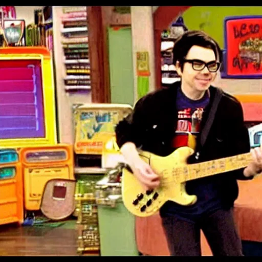 Prompt: a screenshot of rivers cuomo in icarly ( 2 0 0 9 ), low quality, vhs quality