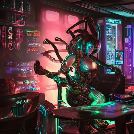 Image similar to high quality portrait of Kerrigan from starcraft in a cyberpunk cyberpunk cyberpunk cafe, realism, 8k, award winning photo