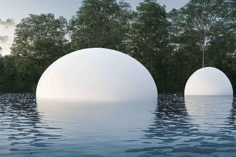 Prompt: a biological cell building composed of many white spherical egg shaped spaces arranged up and down. on the calm lake, people's perspective, future, interior wood, marble, award winning, highly detailed 4 k art, dusk, unreal engine highly rendered, global illumination, radial light, internal environment by kazuyo sejima