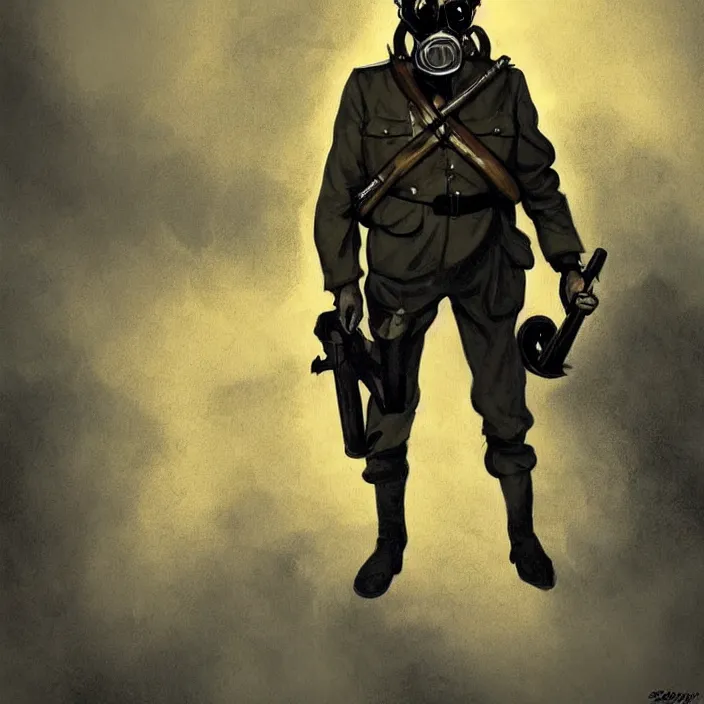 Prompt: portrait of a scary ww 1 german soldier with gas mask and rifle running towards us, dark background, dark ominous mood, in the style of artgerm and charlie bowater and atey ghailan and mike mignola, epic cold blue lighting, strong rim light, vibrant colors and hard shadows and strong rim light, comic cover art, plain background, trending on artstation