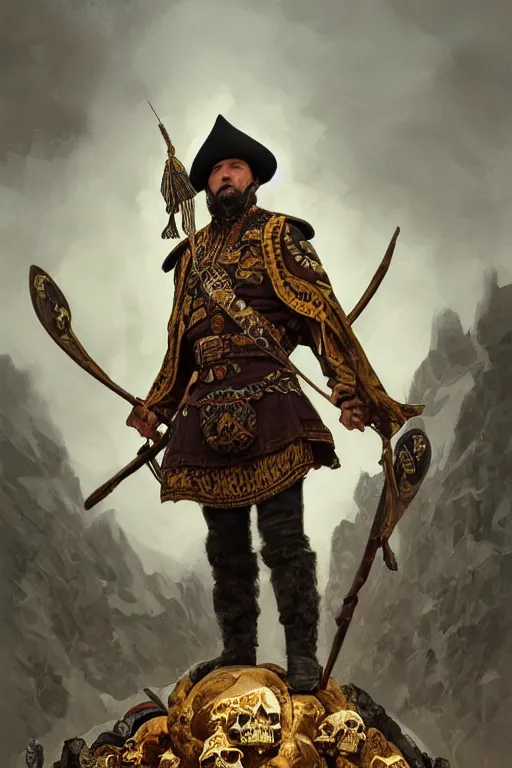 Image similar to an accurate image of a Ukrainian muscular cossack standing on a pile of skulls as a winner, masculine figure, D&D, fantasy, intricate, elegant, highly detailed, extremely detailed, digital painting, artstation, concept art, matte, sharp focus, symmetrical, illustration, art by Artgerm and Greg Rutkowski and Alphonse Mucha