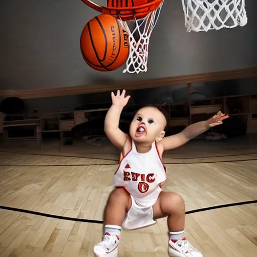 Image similar to a baby dunking a basketball, dramatic action photography, epic shot