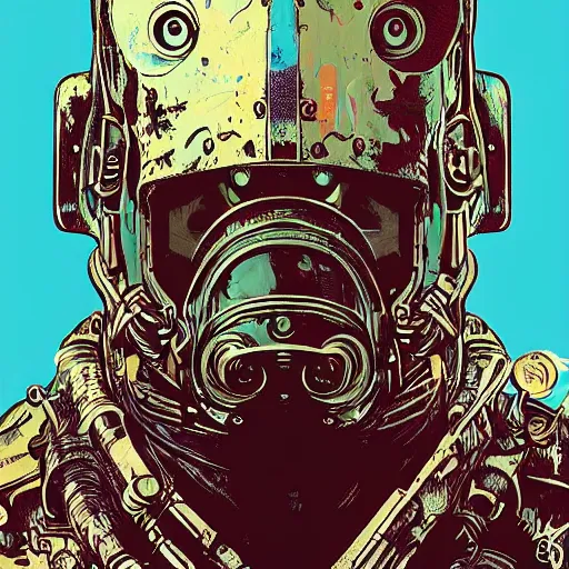 Prompt: biopunk shark mask link from fallout new vegas, portrait illustration, pop art, splash painting, art by geof darrow, ashley wood, alphonse mucha, makoto shinkai, 9 x 1 6