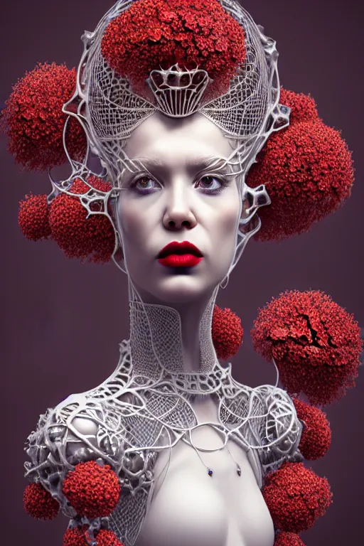 Image similar to complex 3 d render, hyper detailed ultrasharp beautiful biomechanical mandelbrot fractal steampunk filigree mesh wire female cyborg portrait with a porcelain profile face, albino afro, elegant crown with big hydrangea foliage leaves stems roots, red lips, alexander mcqueen haute couture, art nouveau fashion, octane render, 8 k