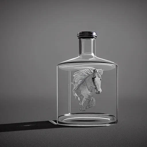 Prompt: transparent potion flask with engraved stallion on it, raytracing, caustics, 3d rendering, unreal engine, iray, vray, keyshot