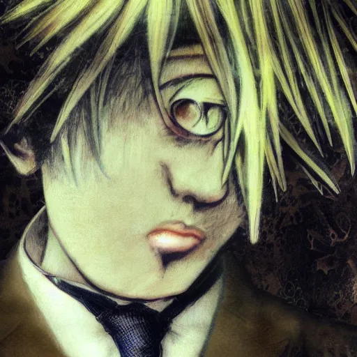 Image similar to yoshitaka amano blurred and dreamy realistic illustration of a character with black eyes and white hair wearing dress suit with tie, junji ito abstract patterns in the background, satoshi kon anime, noisy film grain effect, highly detailed, renaissance oil painting, weird portrait angle, blurred lost edges, three quarter view
