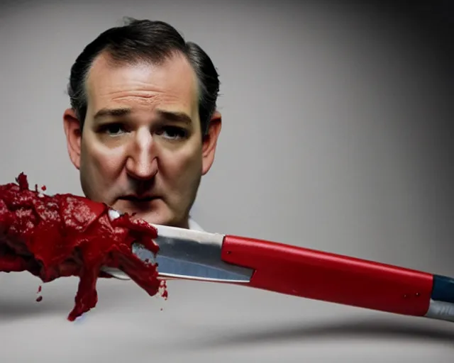 Image similar to bloody ted cruz holding knife with searchlight overhead, shot on technicolour film, action shot